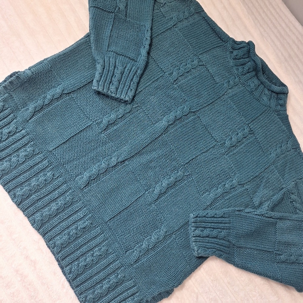 Vtg Rolled Neck Cable Knit Sweater Womens 12/14 Pet Forest Green Fishermen Knit
